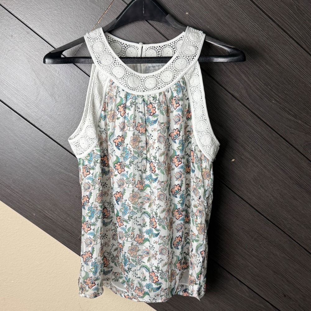 Daniel Rainn Women's Floral Satin Lace Trim Blouse Small Petite Ivory Boho